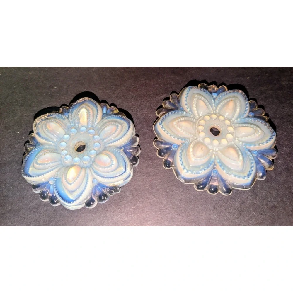 2 Antique Victorian Opalescent Boston Sandwich Glass Flower Curtain Tie Backs.